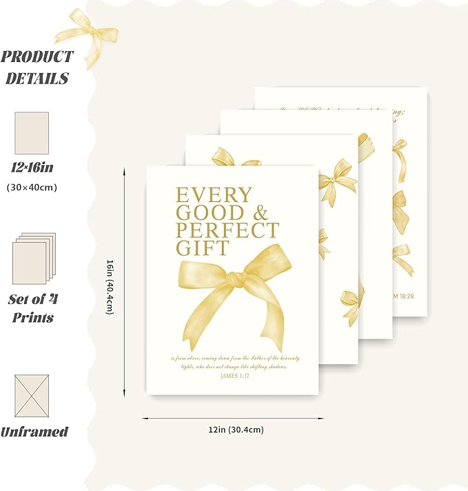 LARTSFRO Coquette Yellow Bow Wall Art Decor Posters, Butter Yellow Bow Room Bedroom Bathroom Dorm Wall Art Decor Aesthetic for College Teen Girls Gifts, Inspirational Bible Verses Bow Wall Decor, 12x16 Inch Set of 4 Pcs Bow Pictures (UNFRAMED)