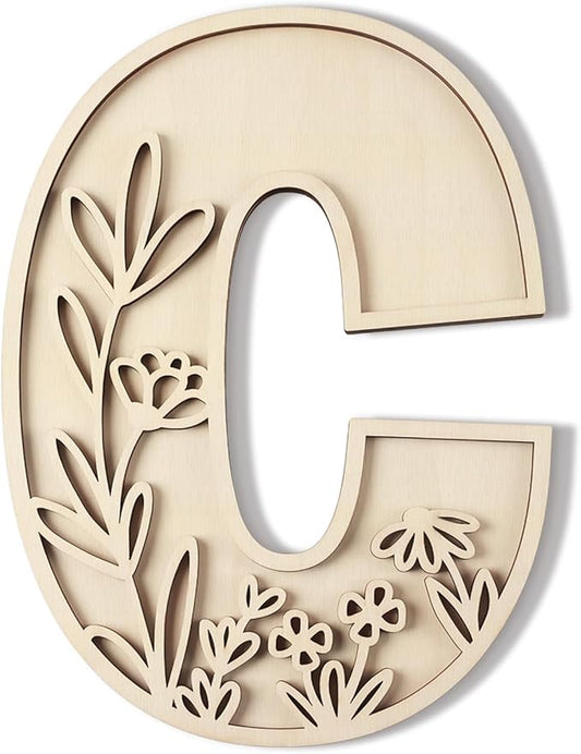 Layered 12 Inch Large Wooden Letters for Wall Decor, Flowered Paintable Wooden Nursery Letters for Crafts Wood Alphabet Letter C for Birthday Boho Nursery Name Sign Wedding Home Decoration