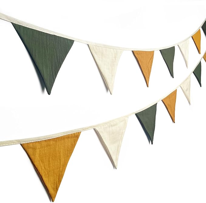 2 Sets of Green Yellow White Nursery Garland 24Pcs Retro Fabric Linen Pennant Banner Flags Triangle Streamers for Baby Playroom Decor Kids Woodland Camping Birthday Baby Shower Boho Party Decorations