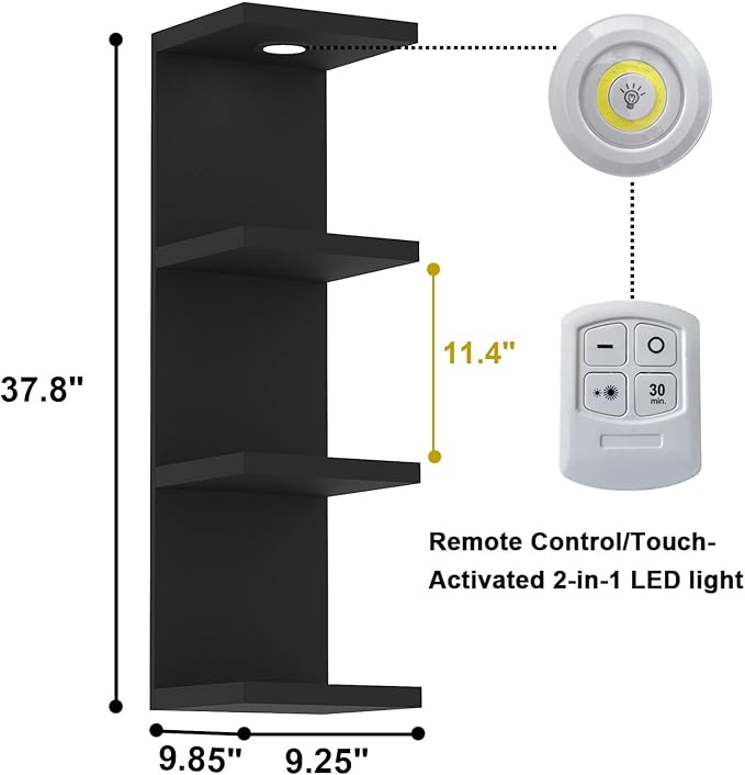 Versatile 4 Tier Wall Shelf Unit,Black Lack Wall Shelf,Display Floating Shelf with LED Remote Control Light