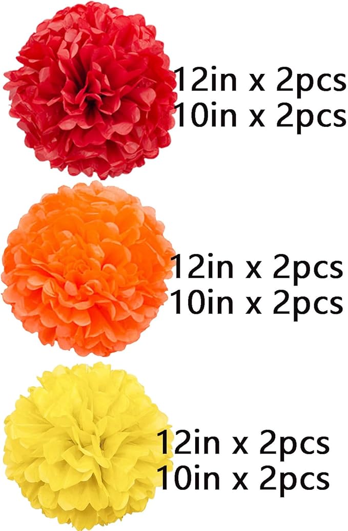 We Moment Red Orange and Yellow Paper Pom Poms Decorations for Birthday Thanksgiving Party Decoration Ceiling Wall Hanging Tissue Flowers Decorations 12pcs 3 Colors of 12 Inch 10 Inch