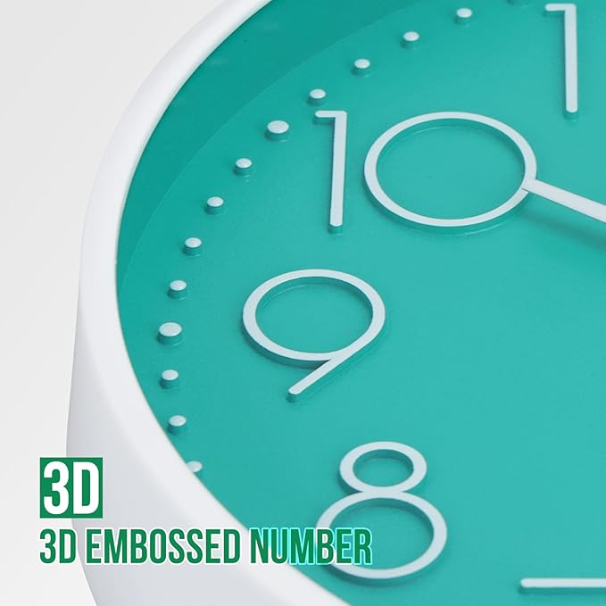 Wall Clock 10 Inch Non-Ticking Silent Modern Simple Style Round Decor Clock Turquoise Stereoscopic Dial Quartz Wall Clocks for Home/Office/School/Living Room/Bedroom/Kitchen