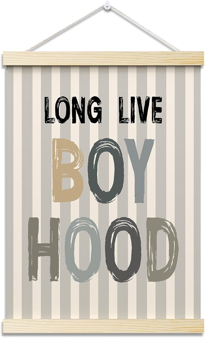 Long Live Boyhood Posters Hanger Frame for Boys Room Stripes Hanging Poster for Bedroom Kids Room Classroom Decor Wall Art Decor for Nursery Playroom Canvas Wall Art Print 16x12 Inches - YY065