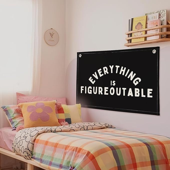 Everything is Figureoutable Inspirational Wall Decor, Motivational Classroom Wall Decor, Classroom Linen Canvas Banner Hanging Flag, 20x30 Inch - Black