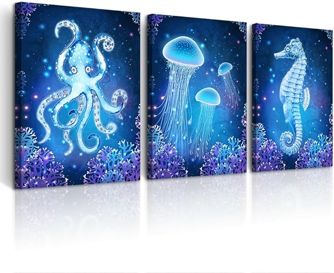 DZRWUBHS Wall Art For Living Room Bedroom Large Wall Decor Blue Ocean Life Theme Art Prints Wall Artworks Sea Animal Sea Horse Octopus Jellyfish Pictures Bathroom Modern Home Decor Painting Posters