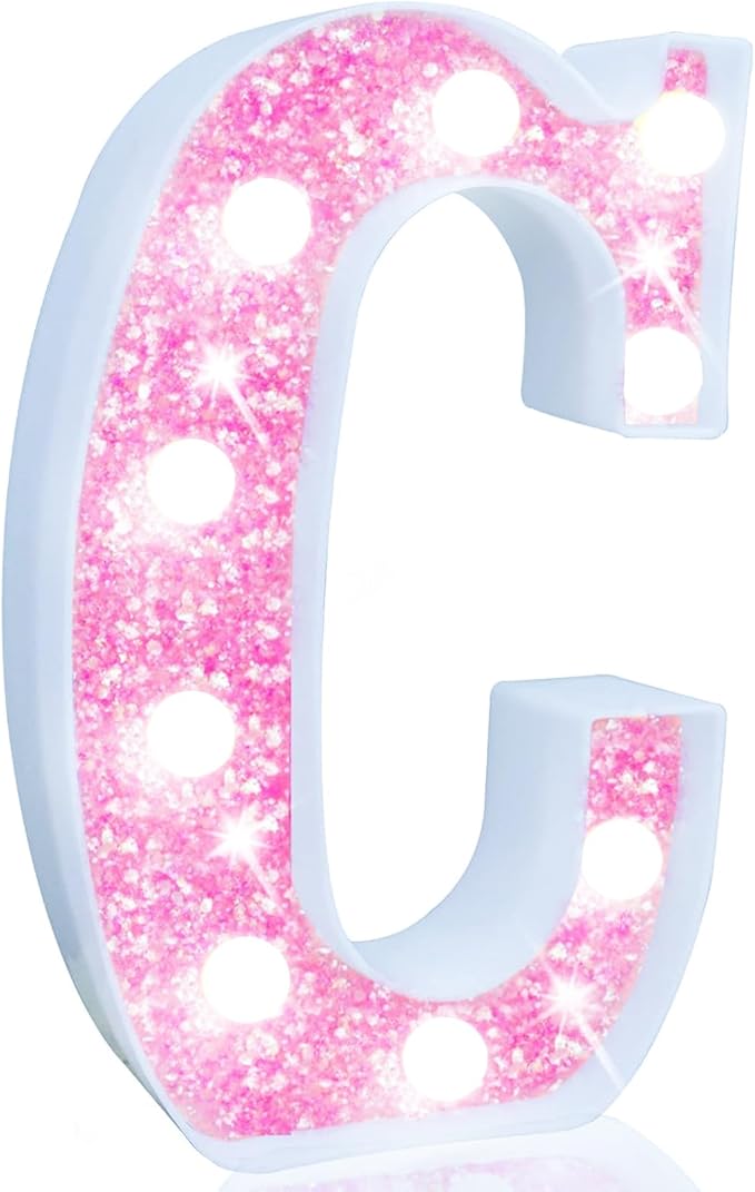 Pooqla LED Marquee Letter Lights, Light Up Pink Letters Glitter Letter Sign for Girls Gifts, Battery Powered for Night Light Birthday Party Wedding Home Bar Christmas Decoration, Cool White Pink C