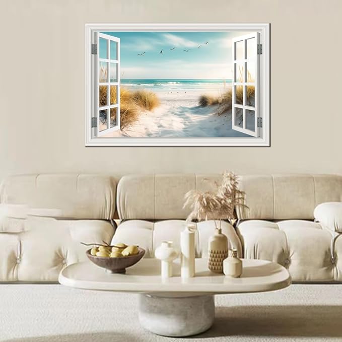 CHUSHU ART Beach Canvas Wall Decor Ocean Pictures Prints for Living Room White Window Style Path Painting Coastal Seascape Artwork Reeds Landscape for Bedroom Home Office Decorations(24"*36")
