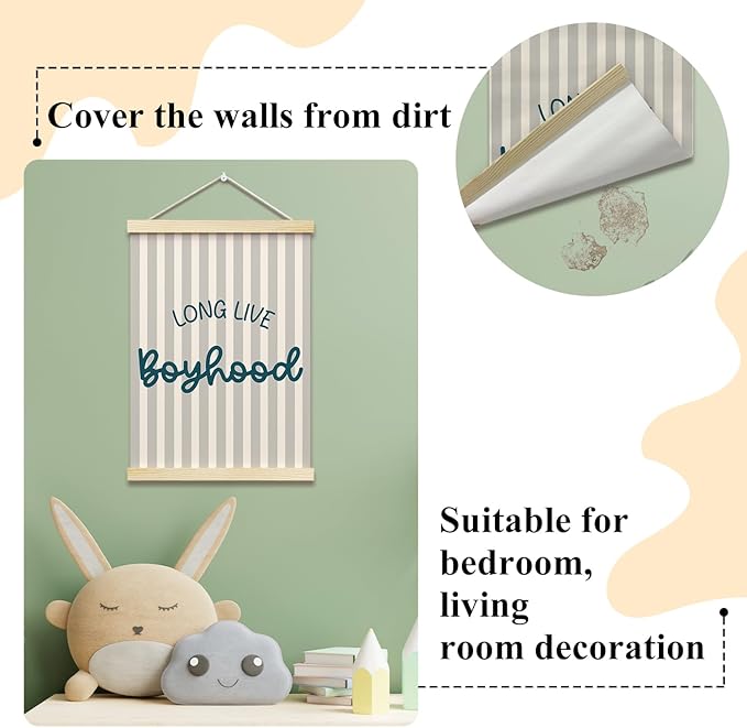 Long Live Boyhood Posters Hanger Frame for Boys Room Blue Hanging Poster for Bedroom Kids Room Classroom Decor Stripes Wall Art Decor for Nursery Playroom Canvas Wall Art Print 16x12 Inches - YY049
