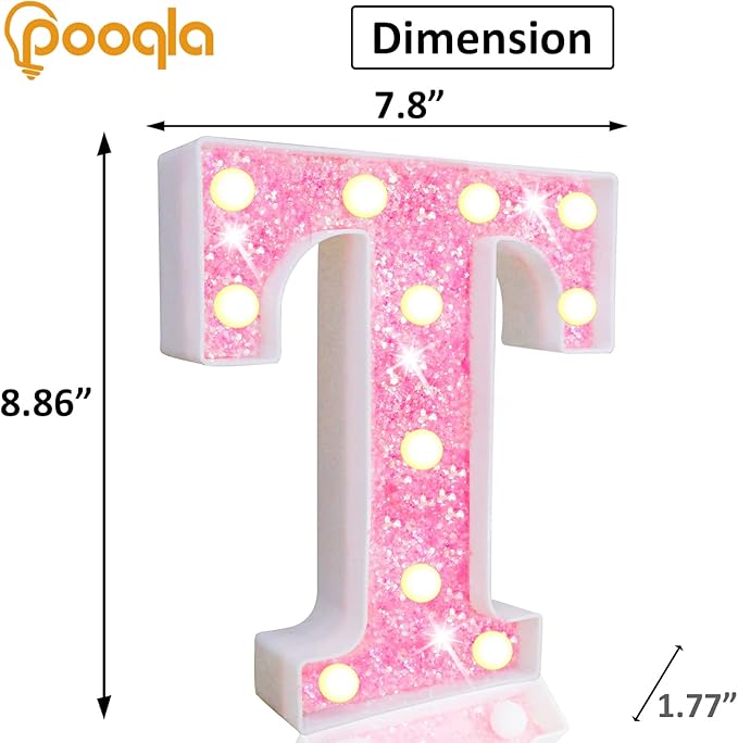 Pooqla LED Marquee Letter Lights, Pink Glitter Light Up Letters Alphabet Sign Battery Powered Night Light, Birthday Party Wedding Girls Gifts, Christmas Room Dorm Bedroom Decoration, Pink Letter T