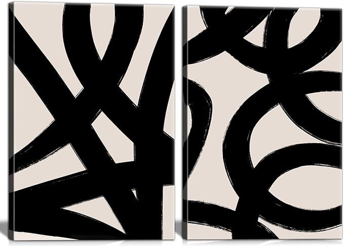 Framed Abstract Wall Art Canvas Set Lines Pictures Modern Mid Century Boho Wall Decor Minimalist Abstract Black Stroke Lines Canvas Painting Artwork Living Room Bedroom Home Office 16"x24"x2
