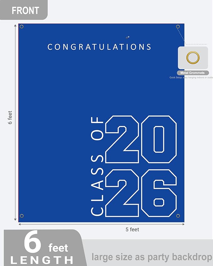 Class of 2026 Graduation Banner 5X6feet - Large CONGRATS GRAD Polyester Banner, Photo Backdrop & Wall Decor for Commencement Party Supplies, Blue and White Graduation Party Decorations for High School & College
