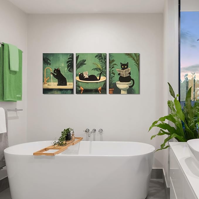 Funny Bathroom Black Cat Wall Art Set of 3, Whimsical Animal Bathroom Wall Decor Painting Maximalist Quirky Dark Pet Cat Toilet Canvas Poster Prints Aesthetics, Framed 12x16 inch
