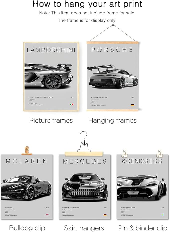 CSLGQGV Car Posters Vintage Racing Car Wall Art Supercar Canvas Prints Painting For Men Room Pictures Guys Dorm Room Aesthetics Decor Bedroom Office (Unframed,8×10inch,9pcs)
