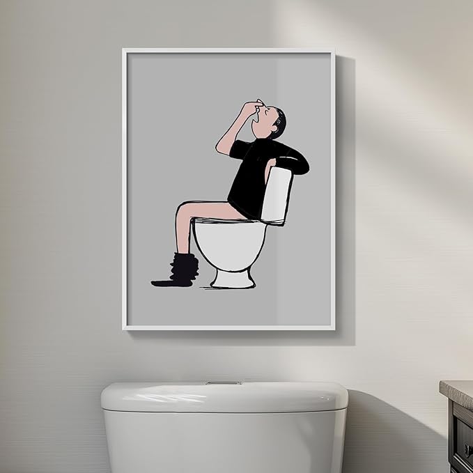 Framed Funny Bathroom Wall Decor, Black and White Quirky Man Canvas Painting Print Bathroom Humor Wall Art, Gray Cartoon Guy on Toilet Picture Artwork for Toilet Restroom Washroom Wall Decor, 12x16 In