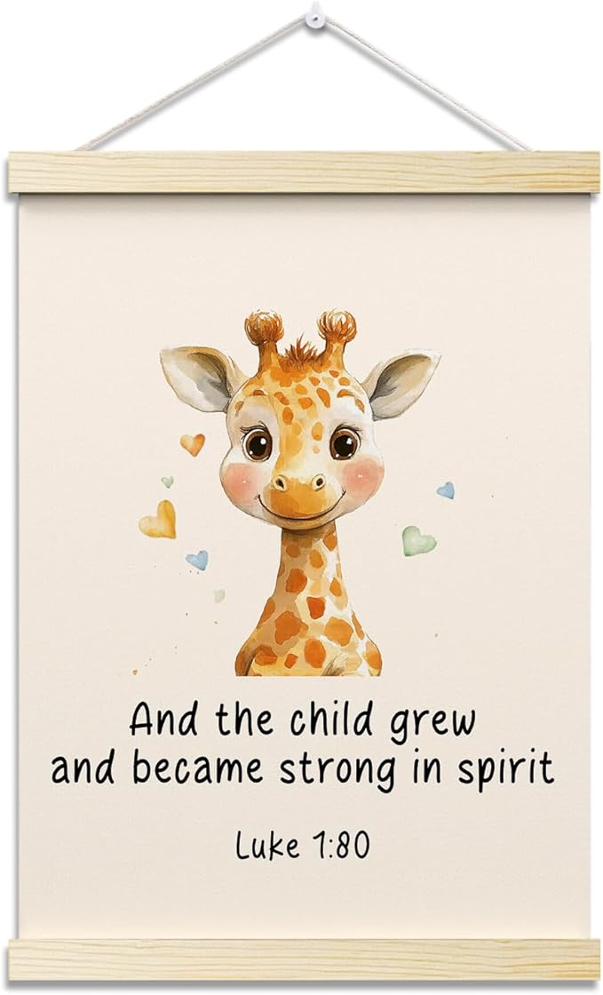 And The Child Grew and Became Strong In Spirit Christian Posters Hanger Frame Giraffe Hanging Poster for Nursery Classroom Decor Wall Art Decor for Kidroom Canvas Wall Art Print 16x12 - YY052