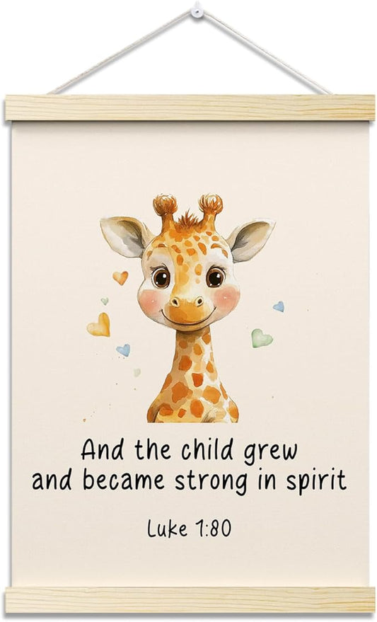And The Child Grew and Became Strong In Spirit Christian Posters Hanger Frame Giraffe Hanging Poster for Nursery Classroom Decor Wall Art Decor for Kidroom Canvas Wall Art Print 16x12 - YY052