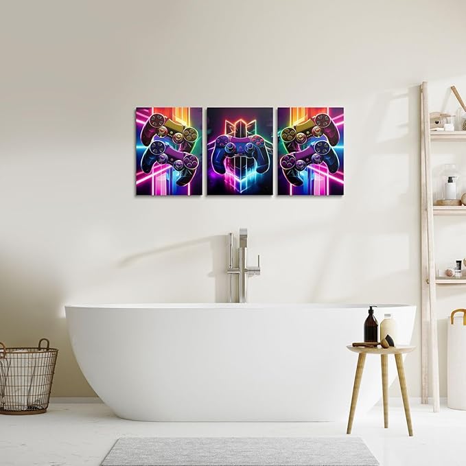 Feelyou Gamer Canvas Wall Art For Living Room 12"X 16"3 Piece Game Controller Picture Wall Decor Gaming Gifts Bathroom Art Gamepad Office Decorations Artwork Posters Blue Painting