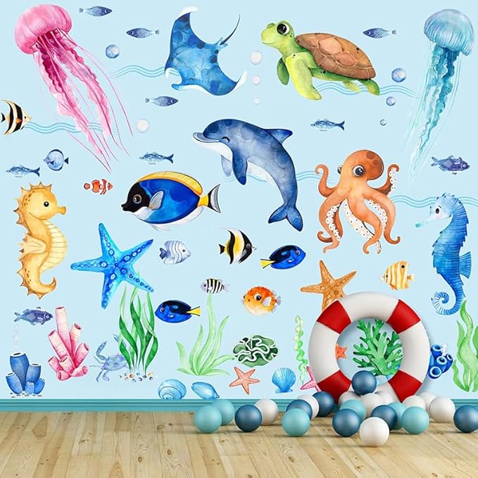 Ocean Sea Animals Wall Decals Stickers, 4Sheets 52Pcs Under The Sea Wall Stickers Fish Turtle Jellyfish Ocean Creature Decals for Kids Bedroom Bathroom Nursery Decor
