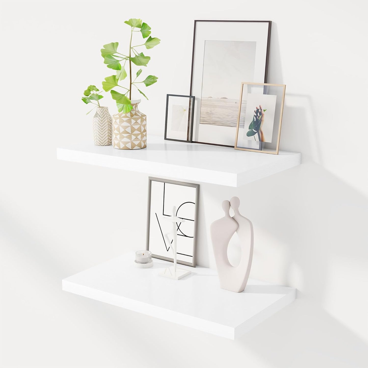 24" Floating Shelves for Wall, 12" Deep Slim White Floating Shelves, Wall-Mounted Shelves for Bedroom, Living Room, Kitchen, Bathroom - Set of 2