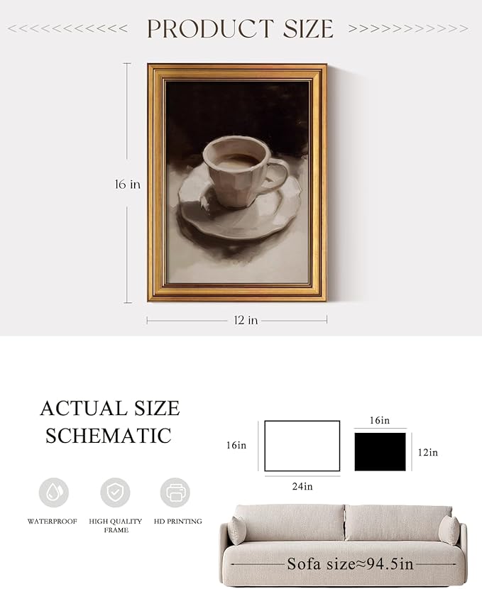 ARPEOTCY Gold Framed Canvas Wall Art, 12x16inch, Coffee Cup Art Prints, Retro Neutral Decor for Coffee bar Kitchen Living Dining Room, Still Life Vintage Shelf Decor,Small
