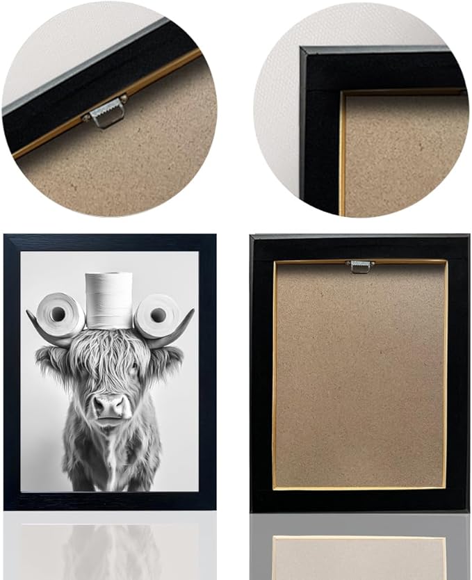 Funny Highland Cow Bathroom Wall Art with Toilet Paper on Head, Humorous Farmhouse Sign for Bathroom Decor, Rustic Black Framed Canvas Print for Restroom Toilet, Ready to Hang 12"x16"