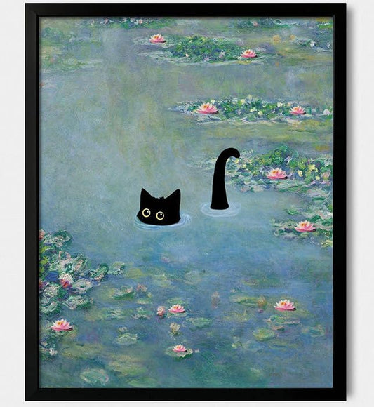 Hamduker Funny Black Cat Wall Art, Monet Art Water Lily Cat Wall Art Decor, Preppy Aesthetic Cat Posters for Bedroom Bathroom Living Room (Size: 16''x20''x1pcs)