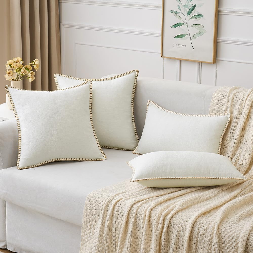 MIULEE Pack of 2 Christmas Pillow Covers 18x18 Inch Pure White Farmhouse Decorative Throw Pillow Covers with Stitched Edge Soft Chenille Solid Dyed Couch Pillow Covers for Sofa Bed Living Room