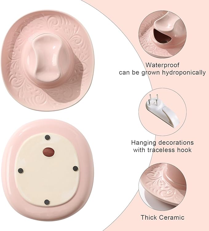 Hanging Wall Planters for Indoor Plants, Wall Vases for Flowers, Ceramic Cowboy Hat Vases for Decor, for Bathroom, Living Room, Office, and Home Decor.Light Pink