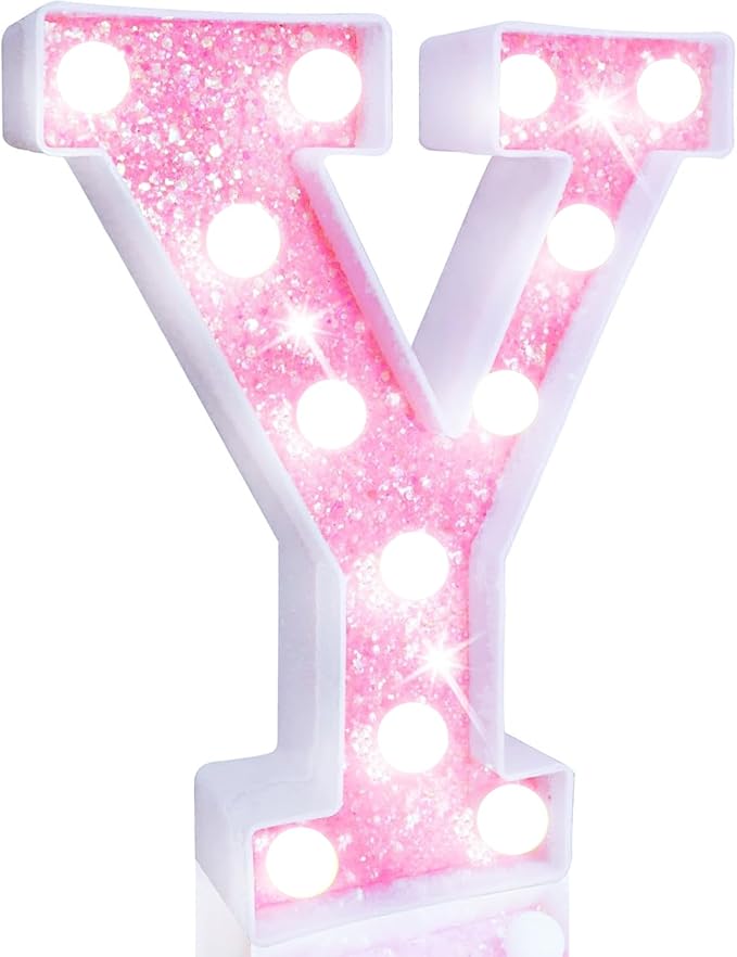 Pooqla LED Marquee Letter Lights, Light Up Letters Glitter Letter Sign Girls Gift, Battery Powered Night Light Pink Birthday Party Room Wedding Christmas Girls Bedroom Dorm Decoration, Cool White Y