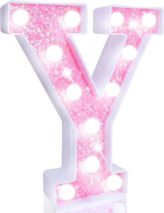 Pooqla LED Marquee Letter Lights, Light Up Letters Glitter Letter Sign Girls Gift, Battery Powered Night Light Pink Birthday Party Room Wedding Christmas Girls Bedroom Dorm Decoration, Cool White Y