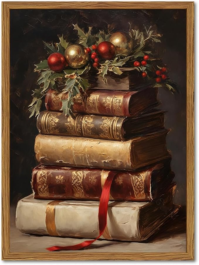 Framed Vintage Christmas Canvas Wall Art, Rustic Xmas Book Artwork Wall Decor Paintings, Retro Winter Holiday Pictures Prints Dark Academia Home Decor for Living Room Bedroom Libiary 16×24 inch