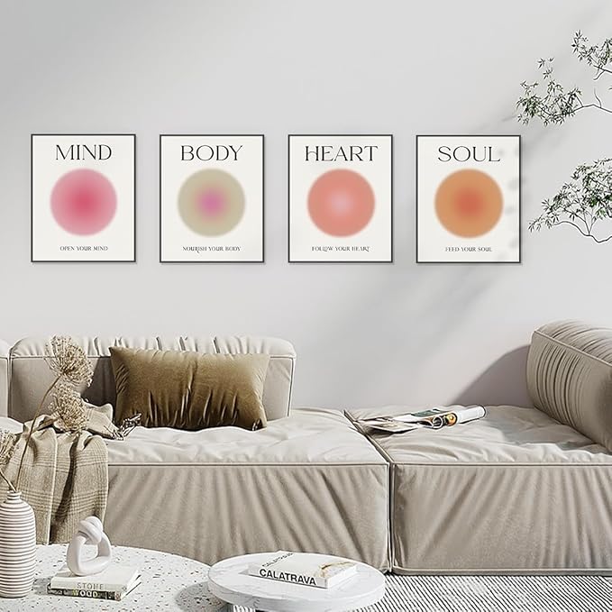 PLKMN Mind Body Soul Heart Wall Art Prints,Pink Energy Spiritual Positive Aura Posters For Room Aesthetic, Colorful Aura Poster Energy Wall Art for Bedroom Yoga 8x10 Inch Set of 4 Unframed