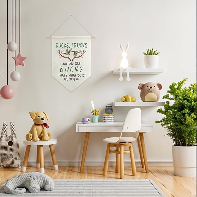 AGMDESIGN Ducks Trucks Big Ole Bucks That's What Little Boys Are Made Of Canvas Hanging Pennant Flag Banner, Deer Neutral Room Decor, Boys Hunting Gifts, Home School Classroom Kids Room Nursery Decor
