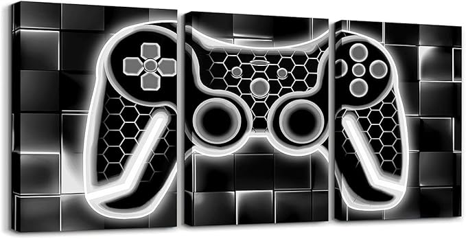 Feelyou Gamer Canvas Art for Living Room 12"x16" 3 Piece Grey and Black Picture Wall Decor Gaming Ombre Office Decorations Artwork Posters Geometric Square Painting