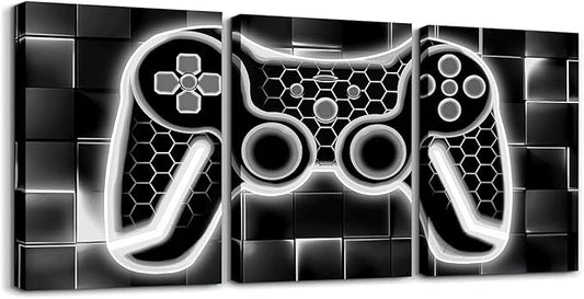 Feelyou Gamer Canvas Art for Living Room 12"x16" 3 Piece Grey and Black Picture Wall Decor Gaming Ombre Office Decorations Artwork Posters Geometric Square Painting