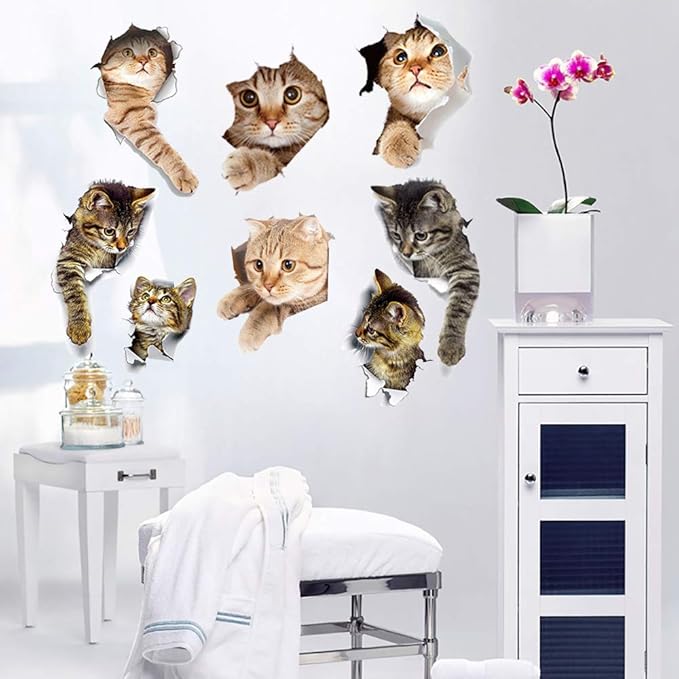 11PCS New 3D Removable Cartoon Animal Cats Large Wall Stickers, Easy to Peel Easy to Stick Safe on Painted Walls Cute Cat Decor Posters for Nursery Room Toilet Kitchen Offices