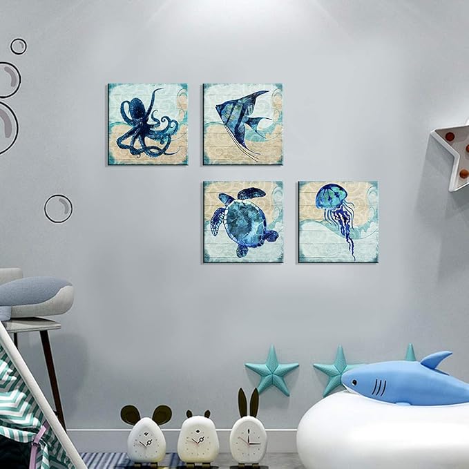 Teal Ocean Animal Bathroom Wall Decor Aqua Blue Octopus Turtle Wall Art Sea Fish Angelfish Canvas Print Mediterranean Style Painting Pictures Artwork Nursery Kids Bedroom Home Decorations 24x24” 4Pcs