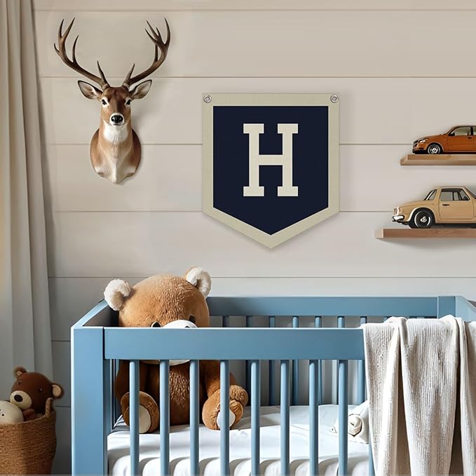 Lacama Toddler Boys Room Decor，Name Pennant Flag Banner, Vintage Baby Boy Nursery Wall Art for Toddler Bedroom Playroom Kidsroom，Baby Boy Christmas Gifts，Initial Monogram H 12x14 in
