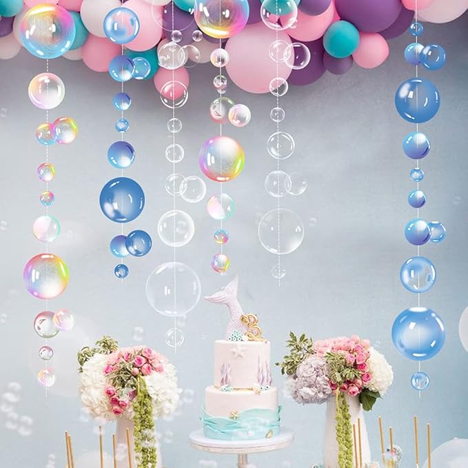 Transparent Bubble Garlands Mermaid Party Decoration Colored Blue Flat Cutouts Hanging Streamer for Birthday Baptism Wedding Ocean Wall Decal Baby Shower Under Sea Festal Kid Room Photo Props (Mix)