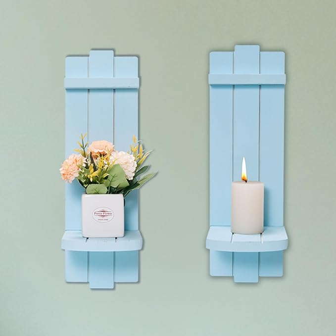 Sconces Wall Decor Set of 2, Wall Candle Holder Rustic Home Decor, Farmhouse Art Floating Candle Sconces Shelf Blue Wall Decorations for Living Room, Dining Room, Bedroom, Bathroom