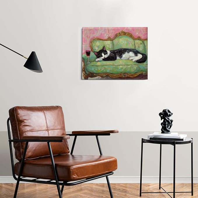 Fun Cat Wall Art Decor Cute Cat on Couch Quirky Canvas Print Poster Trendy Framed Painting Wall Decorations for Dining Room Living Room 8x10 Inch