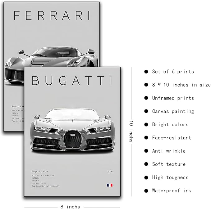 CSLGQGV Car Poster Vintage Racing Car Wall Art Supercar Canvas Prints Painting For Men Room Pictures Guys Dorm Room Aesthetics Decor Bedroom Office (Unframed,8×10inch,6pcs)