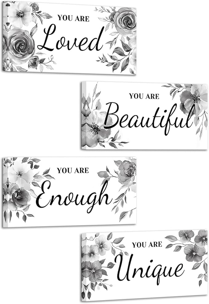 HOMEOART 4 Piece Framed Inspiration Floral Wall Decor Positive Saying Word Art Pictures Farmhouse Bathroom Wall Decor Painting Woman Teen Girl Room Sign, Framed 6x12inchx4pcs (Grey)