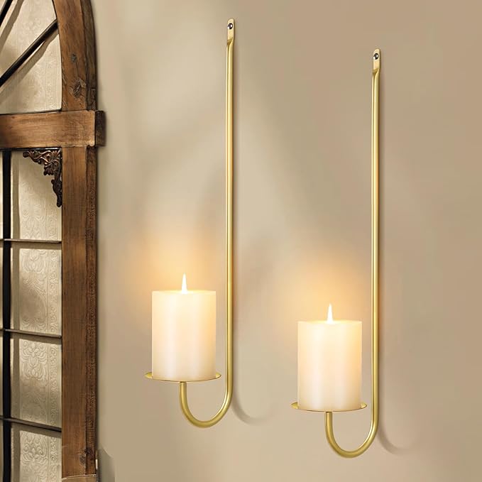 Candle Sconces Set of 2, 16.5 Inch Taper & Pillar Wall Candle Holder, Gold Wall Sconces Set of Two, Decor for Entryway, Stair Corner, Living Room, Gifts for Men Women Mom or Dad