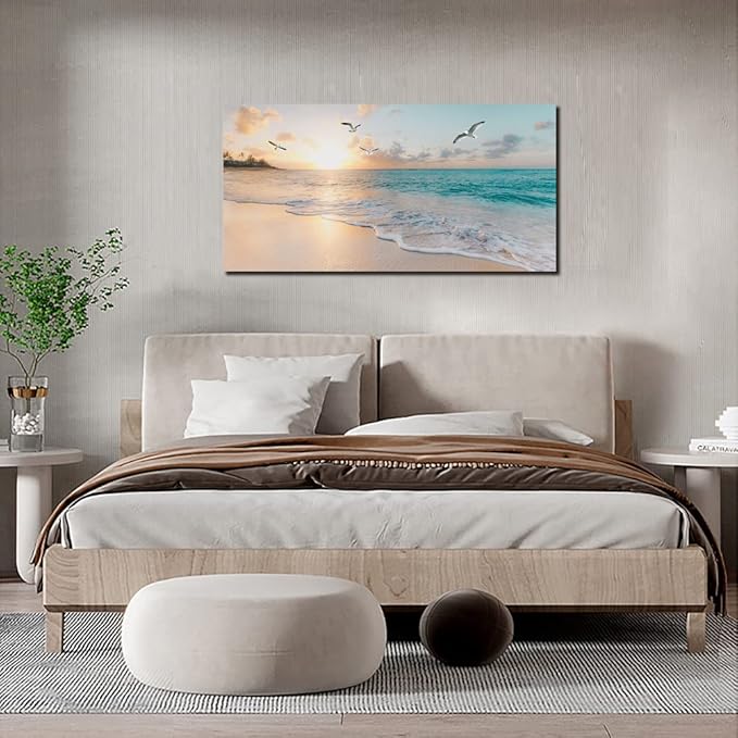 Beach Wall Art Decor for Living Room Ocean Canvas Picture for Wall Gold Sunset Painting for Bedroom Blue Seascape Theme Art Print for Bathroom Home Office Decoration Ready to Hang(20"×40")