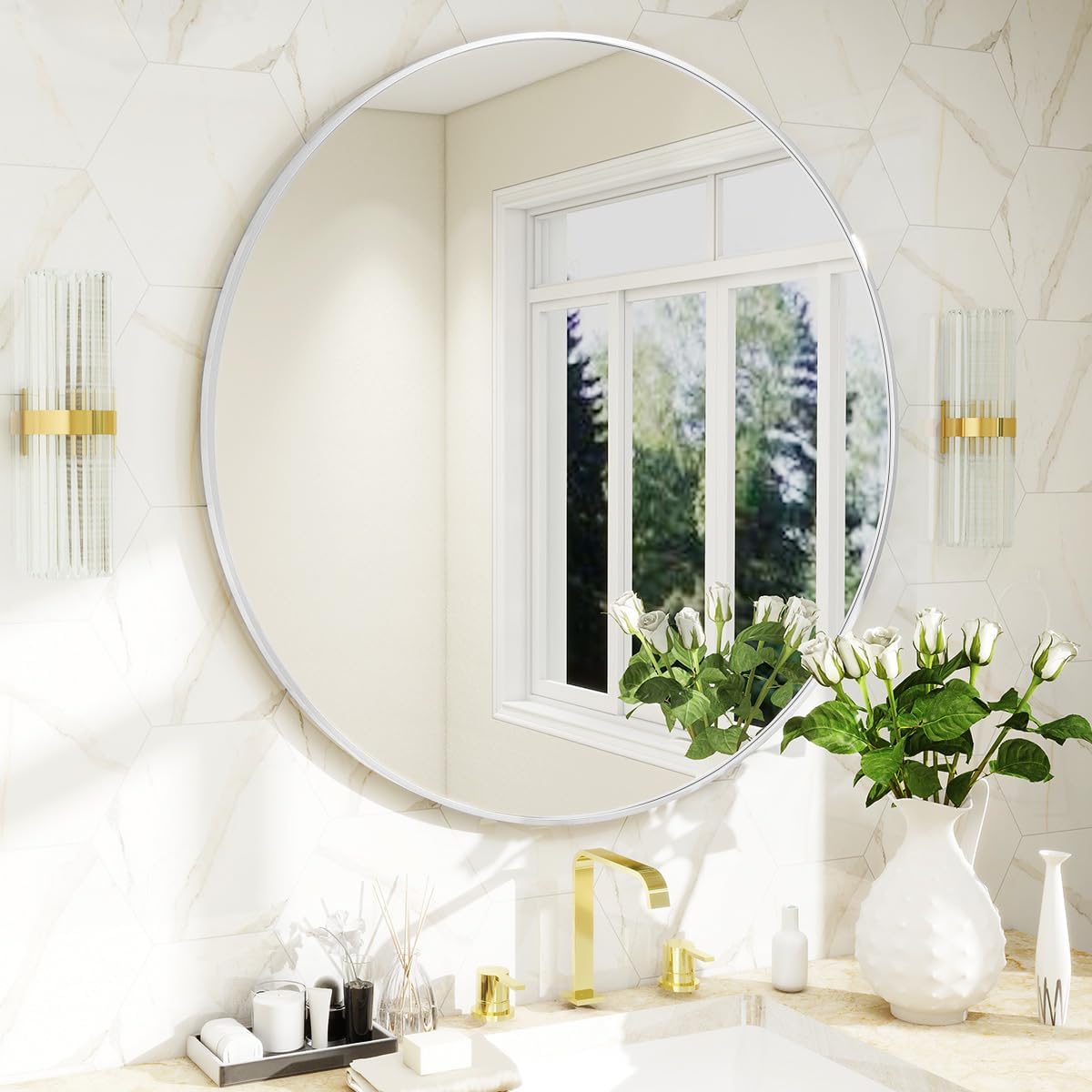 BEAUTYPEAK 24 Inch Round Mirror, Metal Frame Circle Mirror, Wall Mounted for Entryway, Bathroom, Vanity, Living Room, White