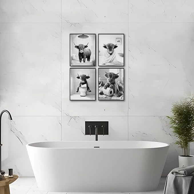 Western Cow Bathroom Decor Wall Art,Funny Highland Cow Wall Art in Restroom,Black and White Wall Decor,Highland Cow Canvas Art Prints,Rustic Retro Bathroom Wall Decor Humor Animals Artwork Prints,8x10inchx4pcs,Unframed