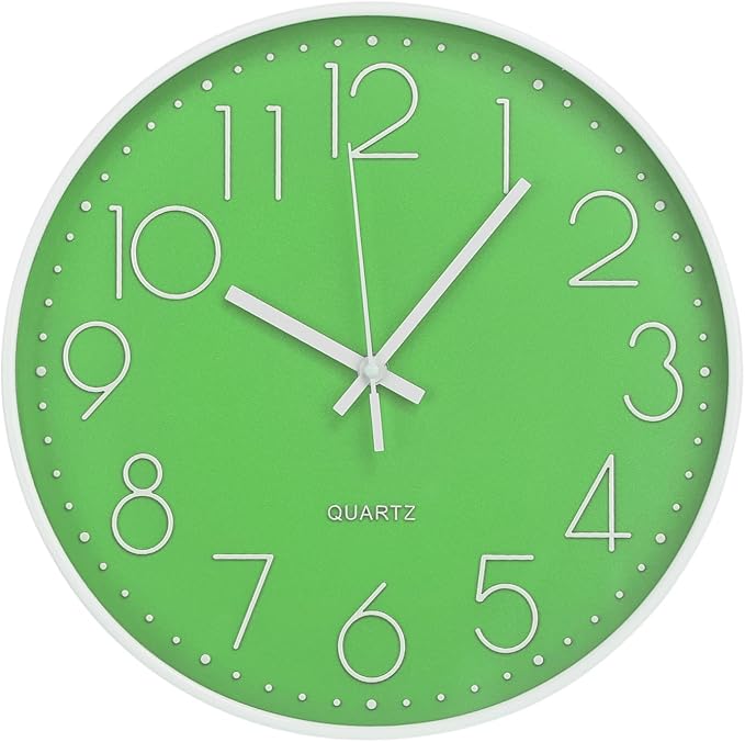 Wall Clock 12 Inch Non-Ticking Silent Modern Simple Style Round Decor Clock Green Stereoscopic Dial Quartz Wall Clocks for Home/Office/School/Living Room/Bedroom/Kitchen