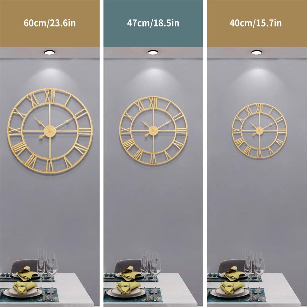 LEIKE Large Modern Wall Clocks,18" Gold Metal,Rustic,Round,Silent Non Ticking,Battery Operated Roman Numerals Clock for Living Room/Bedroom/Kitchen Wall Decor-(Gold, 47cm)