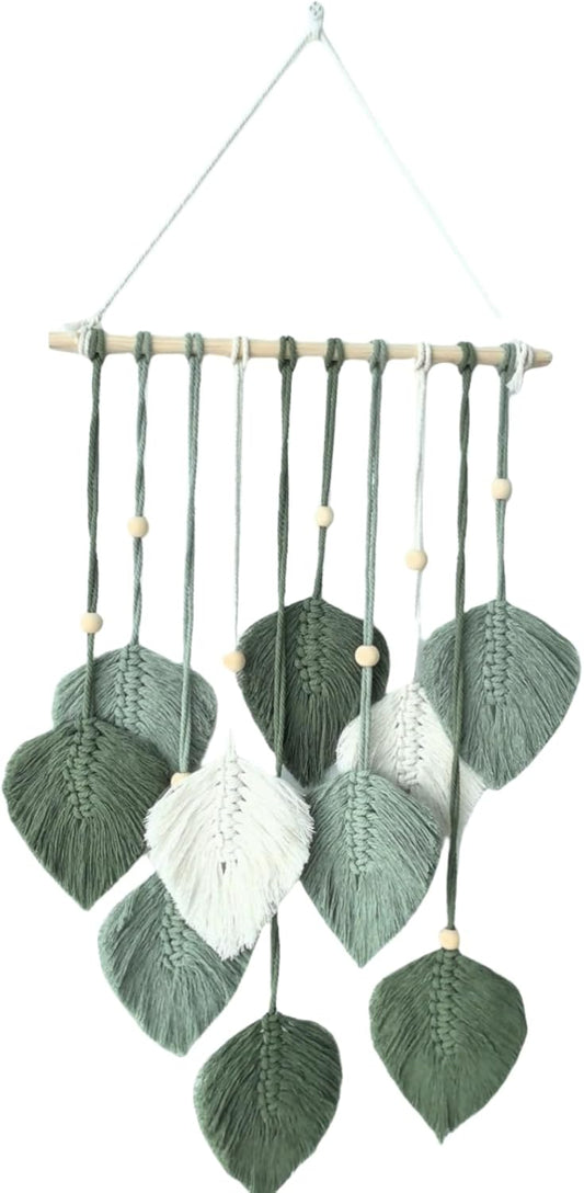 Madiffcult Macrame Wall Hanging Boho Wall Decor Woven Feather Wall Art Handmade Macrame Leaf Tapestry with Wooden Beads for Bedroom Living Room Nursery 16x27 Inch (Green)